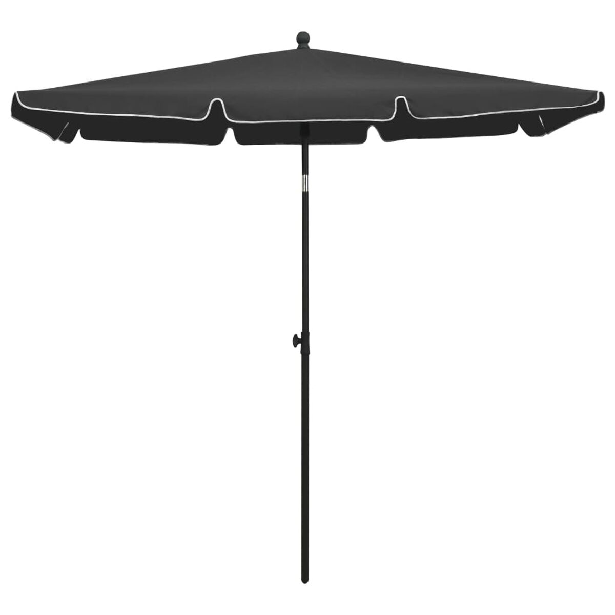 Schwarzer Regenschirm mit weißem Besatz, geöffnet, auf einem Ständer, vor weißem Hintergrund.