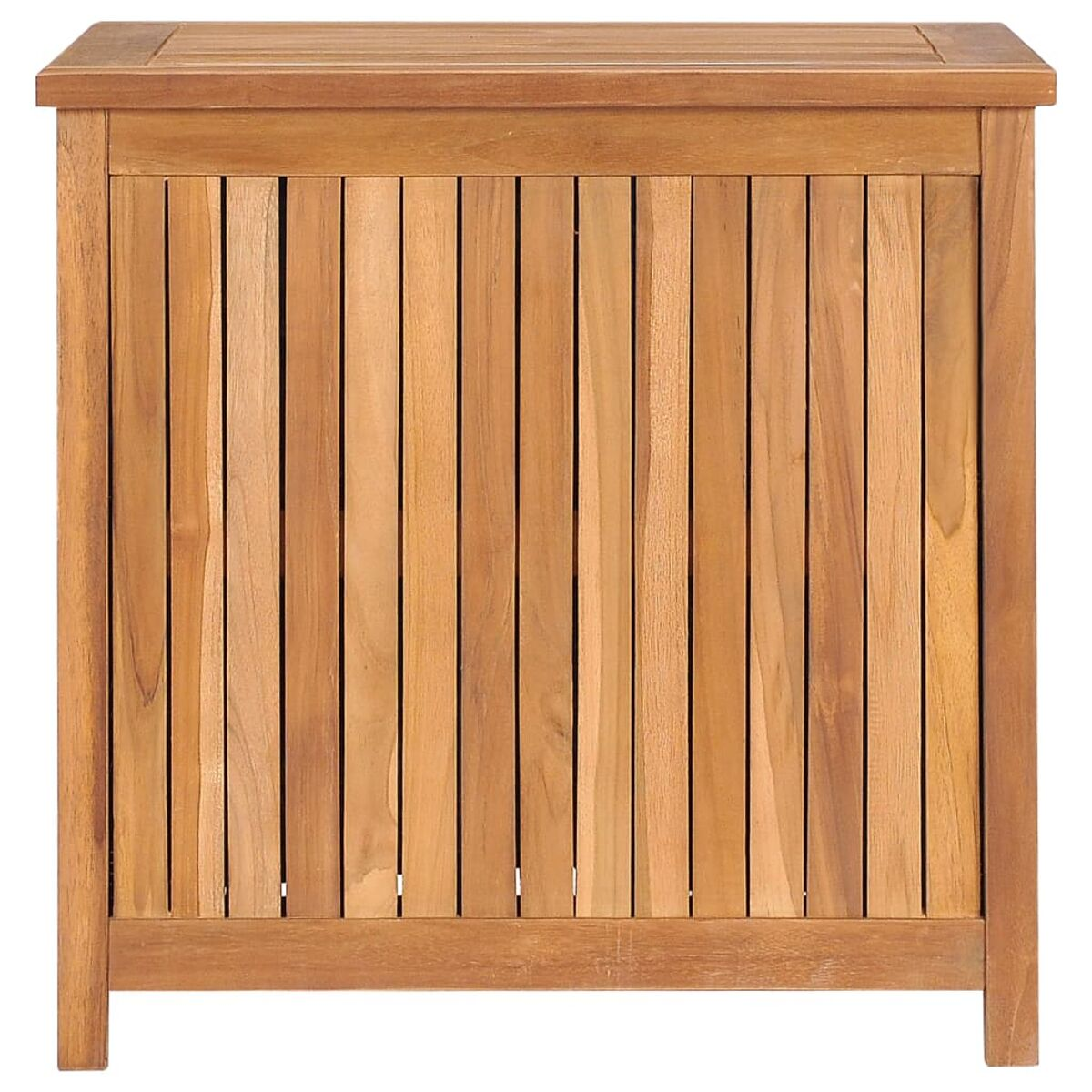 Eine Holzaufbewahrungsbox, die ihre Vorderseite mit vertikalen Holzbrettern und einem Deckel zeigt.