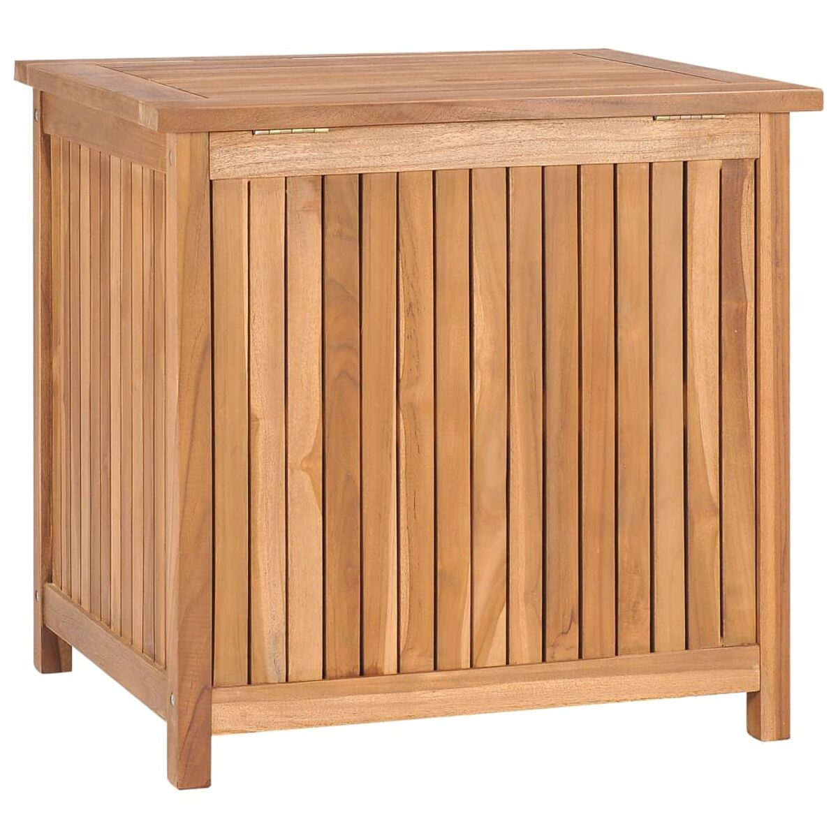 Holzschrank mit vertikalen Lamellen. Hat einen flachen Deckel und ist rechteckig.