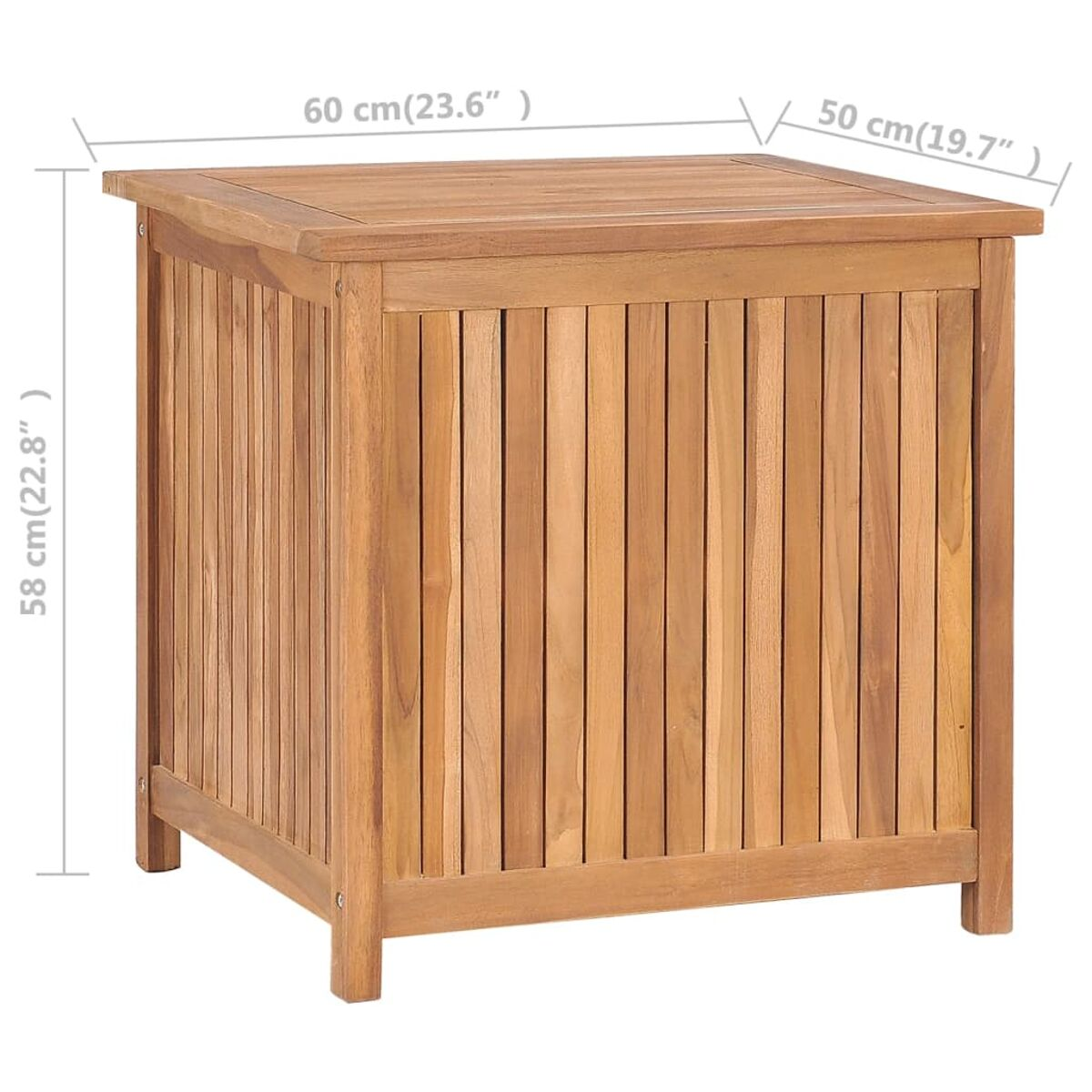 Holz-Aufbewahrungsbox mit vertikalen Lamellen. Abmessungen sind angegeben.