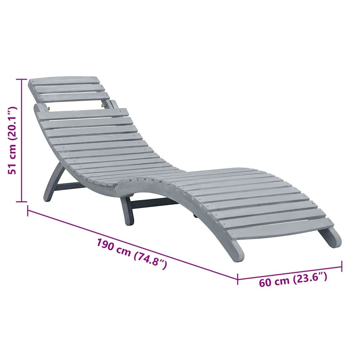 Graue Holzliege, geschwungenes Design, mit Maßangaben.