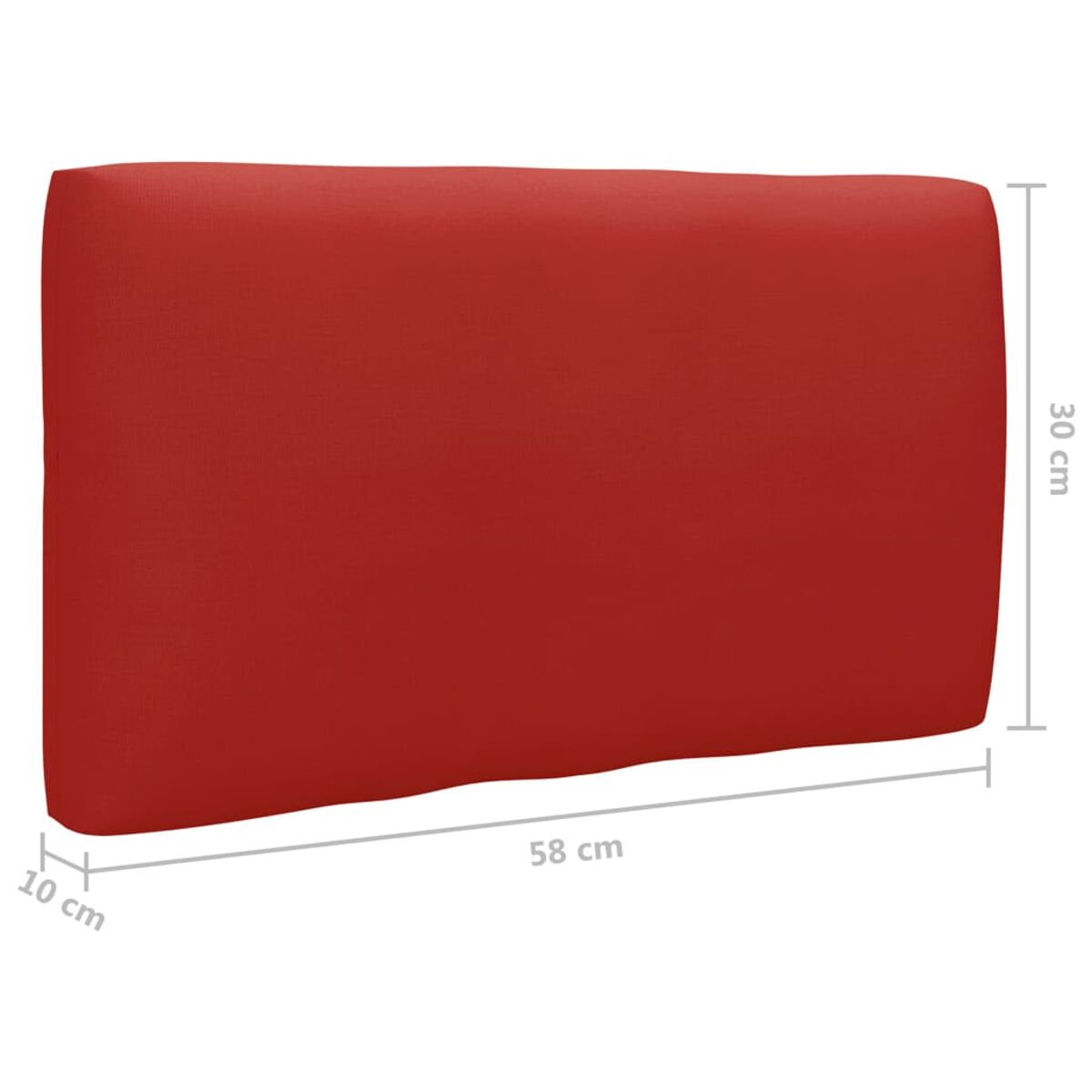 Rotes rechteckiges Kissen, Maße: 58 cm lang, 30 cm hoch und 10 cm dick, vor weißem Hintergrund.
