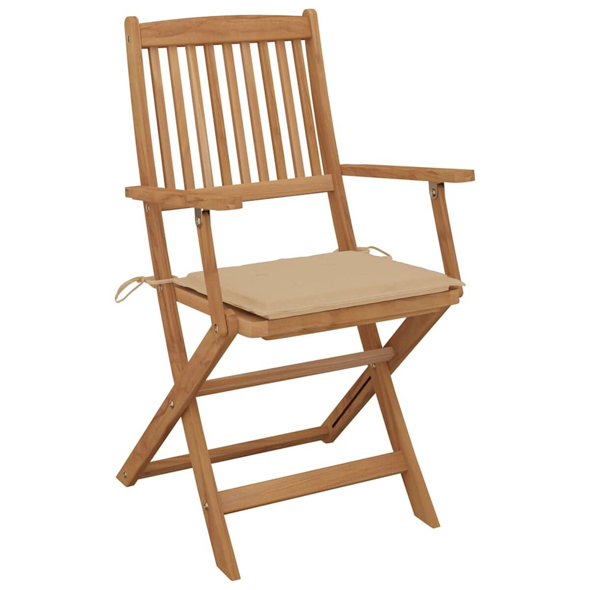 Klappbarer Holzstuhl mit Lattenrücken und beigem Kissen. Beige Bänder am Kissen.