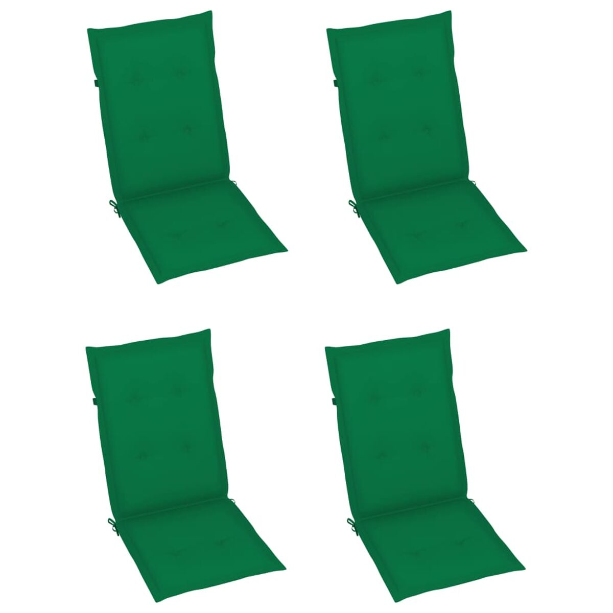 Vier grüne Outdoor-Stuhlkissen, quadratisch angeordnet. Jedes hat ein Steppmuster und Bindebänder.