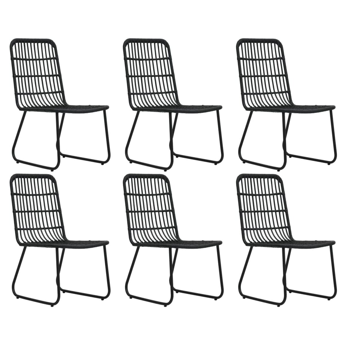 Sechs schwarze Korbstühle mit quadratischen Rückenlehnen und schwarzen Beinen.