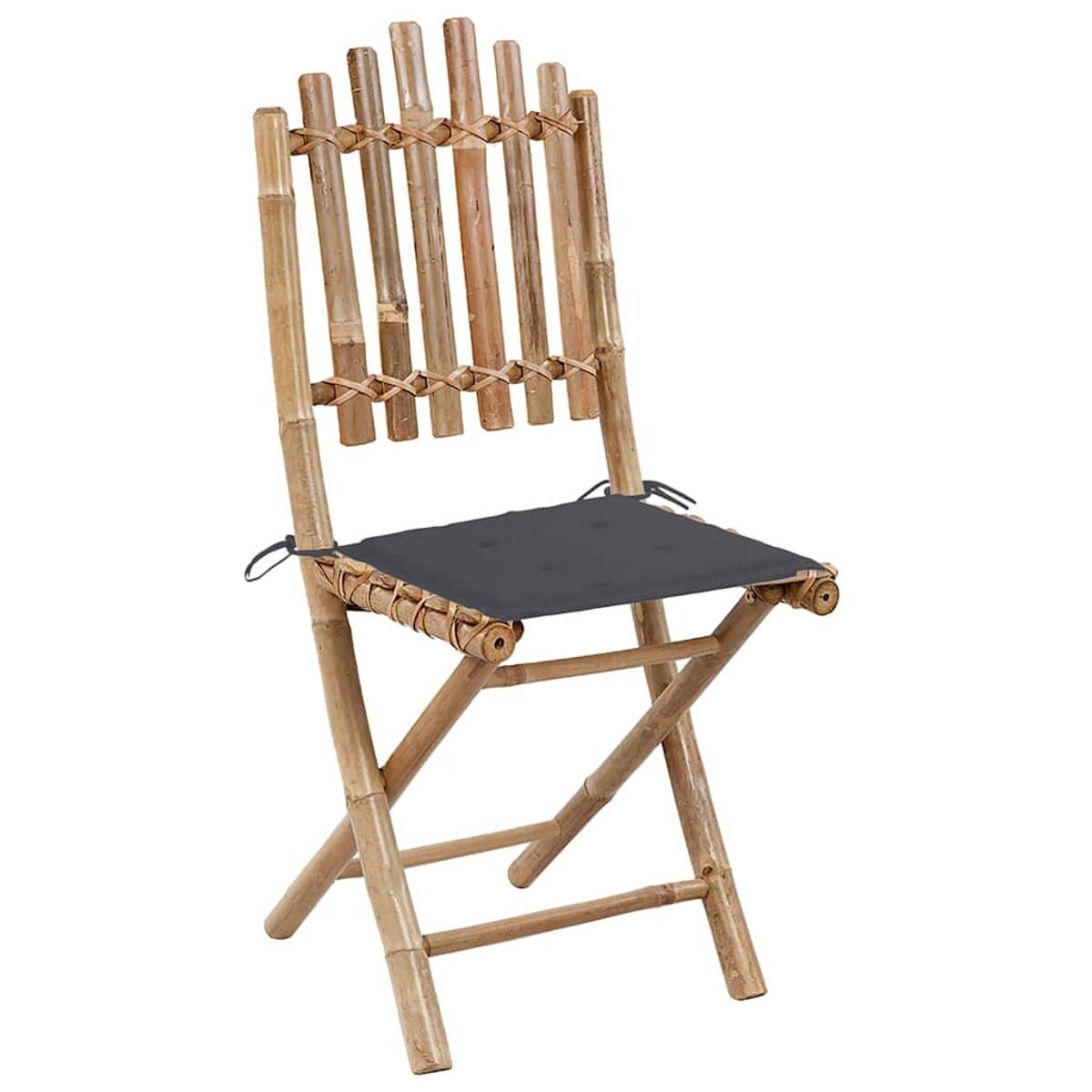 Klappstuhl aus Bambus, graues Kissen, brauner Bambusrahmen, kreuzbeiniges Design.