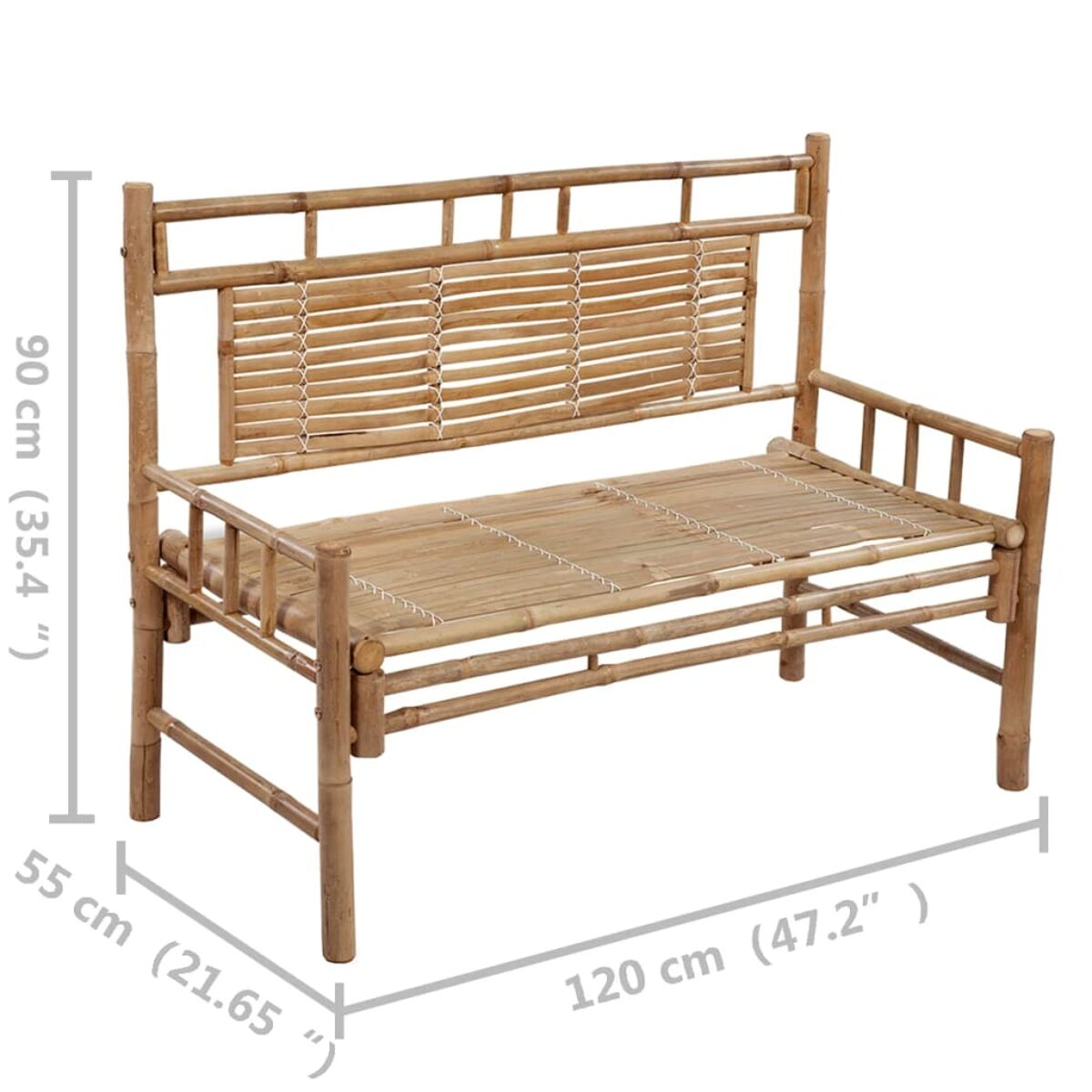 Bambusbank mit den Maßen: 120 cm Länge, 90 cm Höhe und 55 cm Tiefe. Sie hat eine Lattenrückwand.