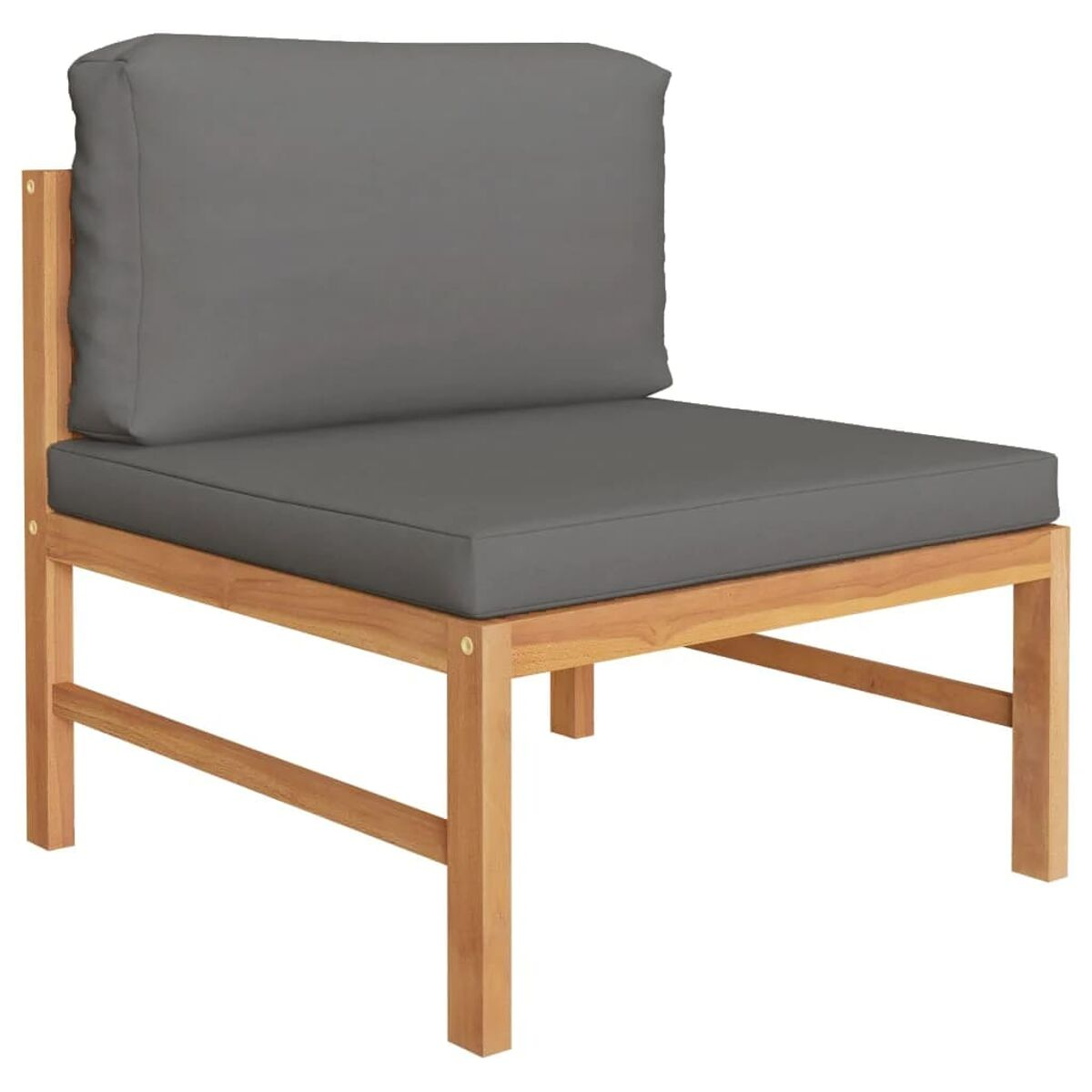 Holzsessel mit grauem Kissen. Es ist ein einfaches Design und hat einen modernen Look.