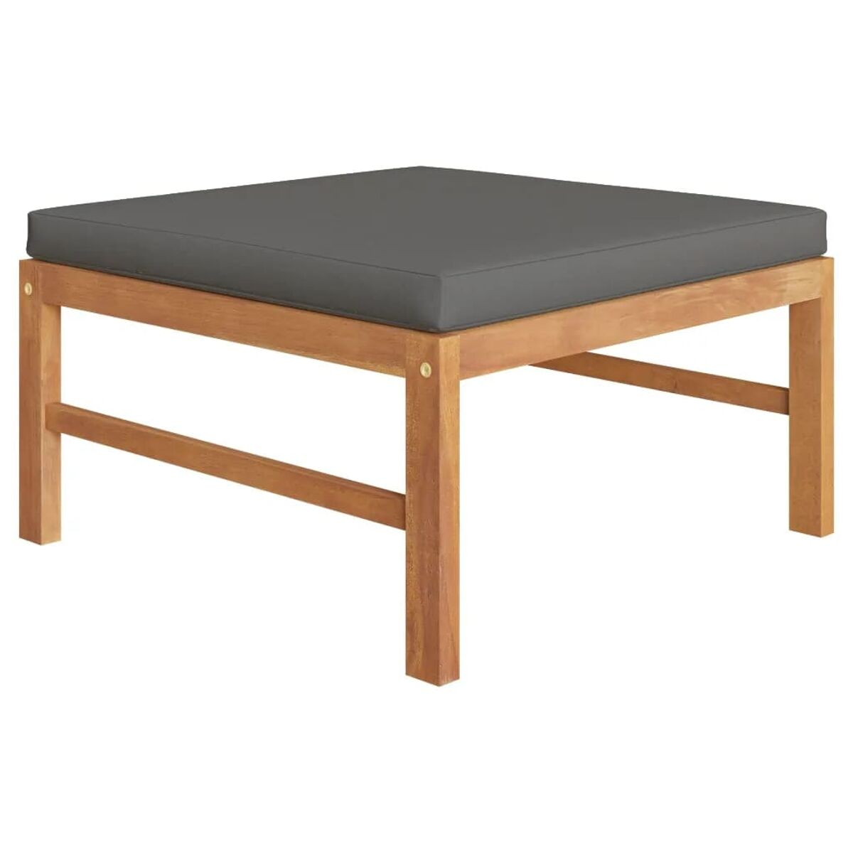 Ein quadratischer Fußhocker aus Holz mit einem grauen Kissen. Das Holz ist hellbraun.