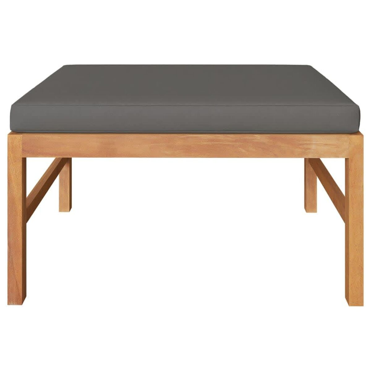 Ein quadratischer Holz-Hocker mit einem grauen Kissen. Die Beine sind aus Holz.