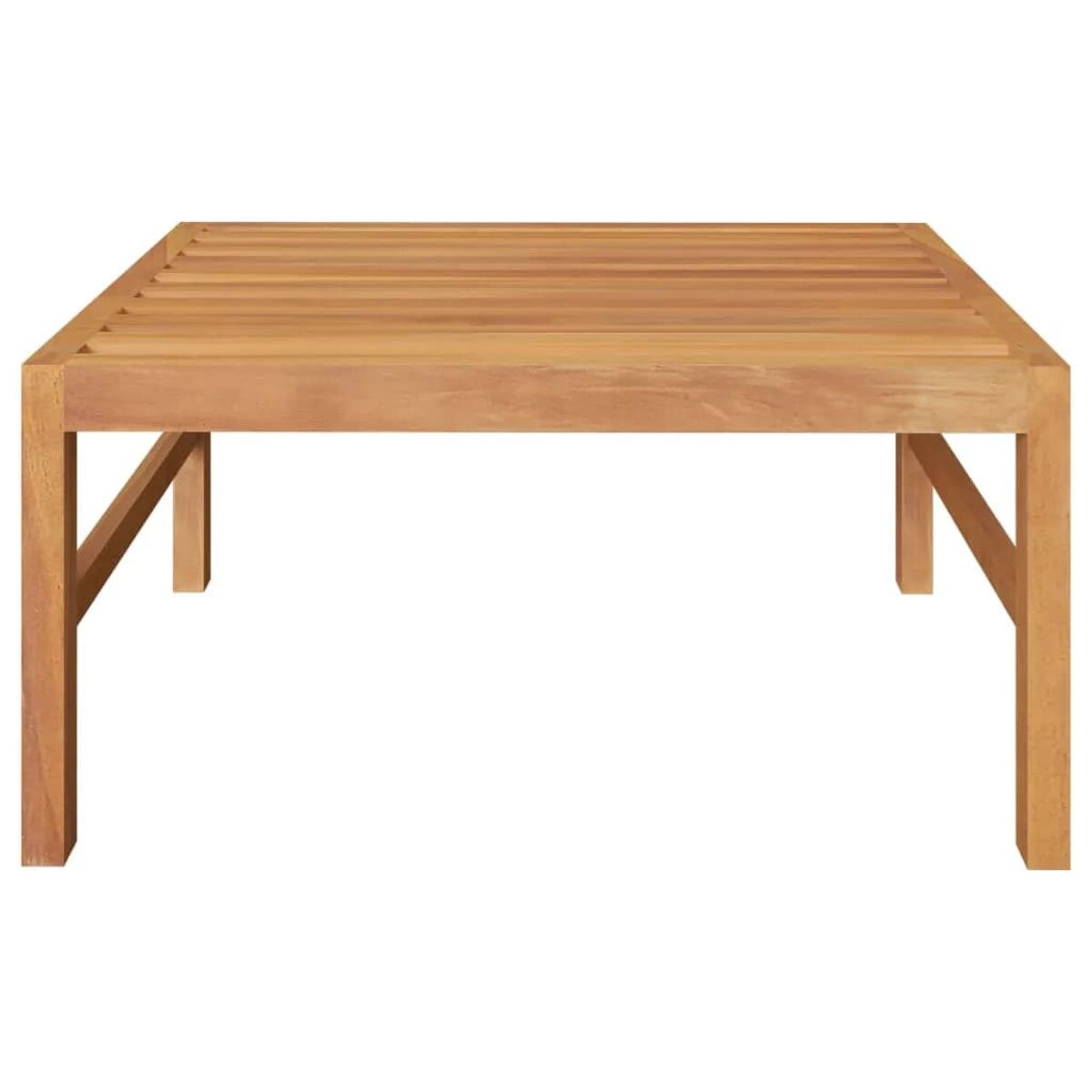 Quadratischer Holztisch, braun, mit Lattenrost und vier Beinen.