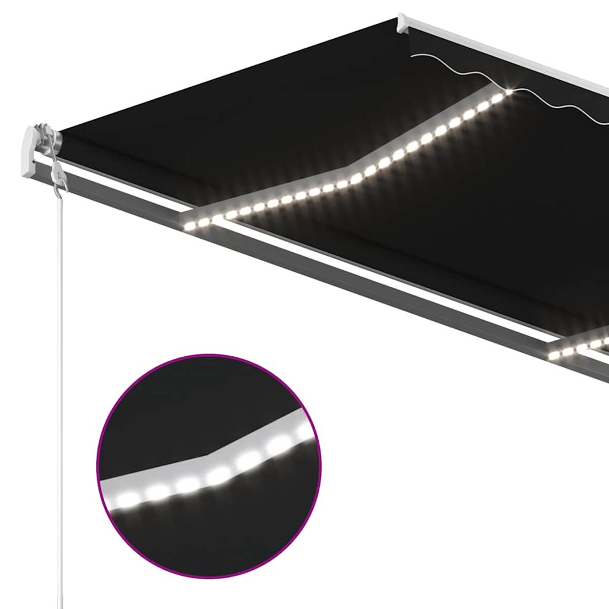 Schwarze Markise mit LED-Leuchten, Detail des Lichtstreifens ist in einem kreisförmigen Einsatz gezeigt.