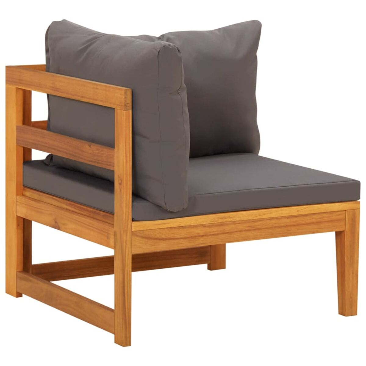 Ecksofa aus Holz mit grauen Kissen. Armlehne links.