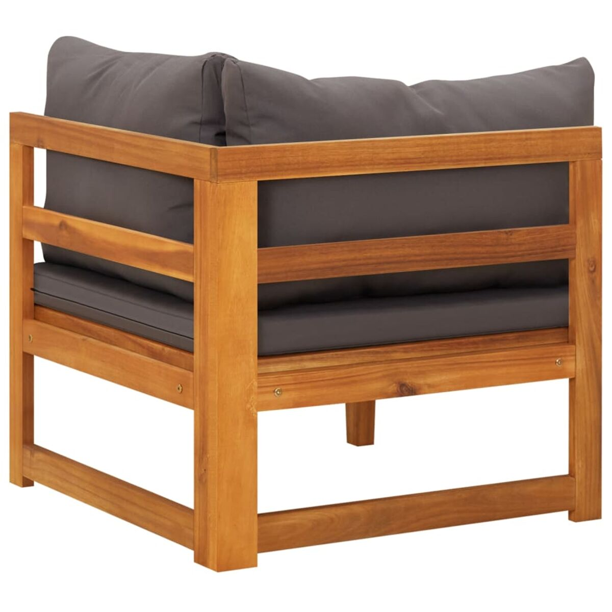 Eckstuhl aus Holz mit grauen Kissen. Heller Holzrahmen, Kissen auf Rücken und Sitz. Rückansicht.