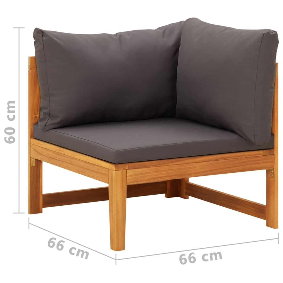 Ecksofa aus Holz mit grauen Kissen. Abmessungen sind 66x66x60cm.