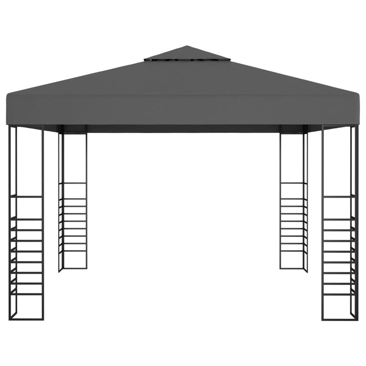 Ein dunkelgrauer Pavillon mit Spitzdach und schwarzem Metallrahmen.