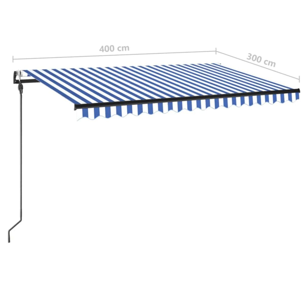 Blau-weiß gestreifte Markise ausgefahren. Misst 400 cm Breite.