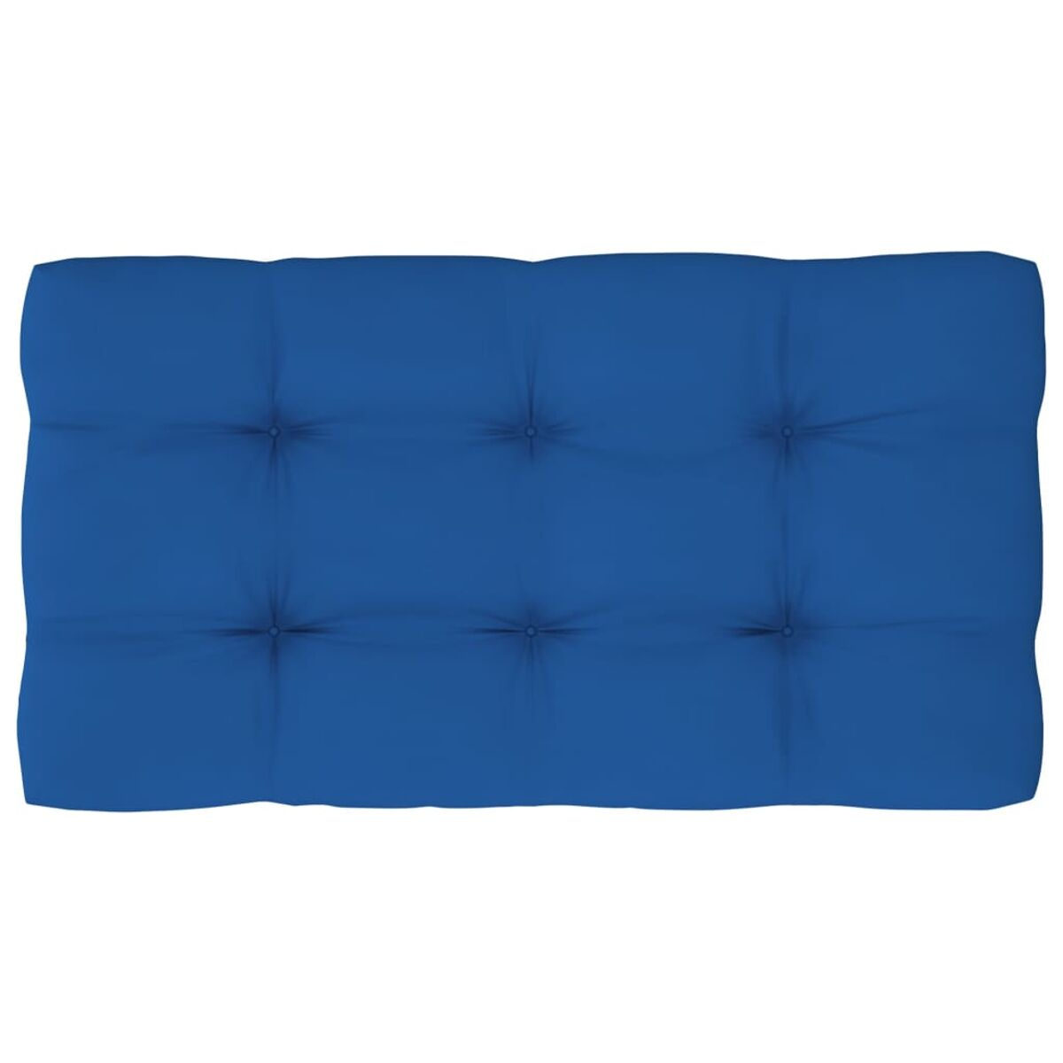 Blaues, rechteckiges Kissen mit Knopfheftung. Acht Knöpfe unterteilen die Oberfläche.