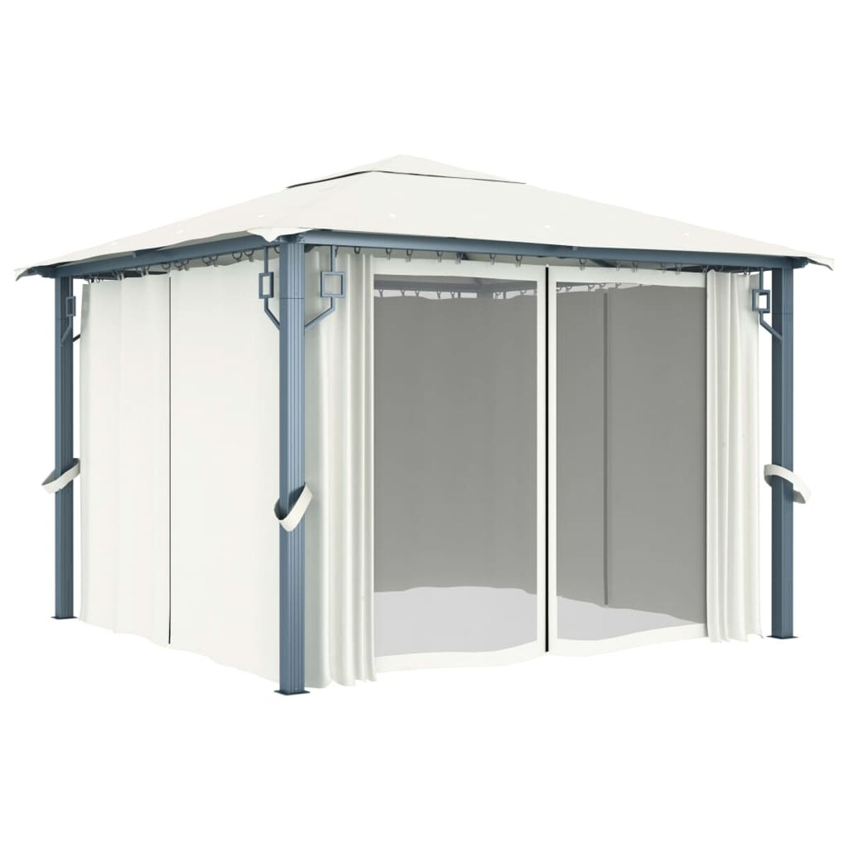 Weißer Pavillon mit weißen Vorhängen und grauem Rahmen. Das Bild ist von vorne.