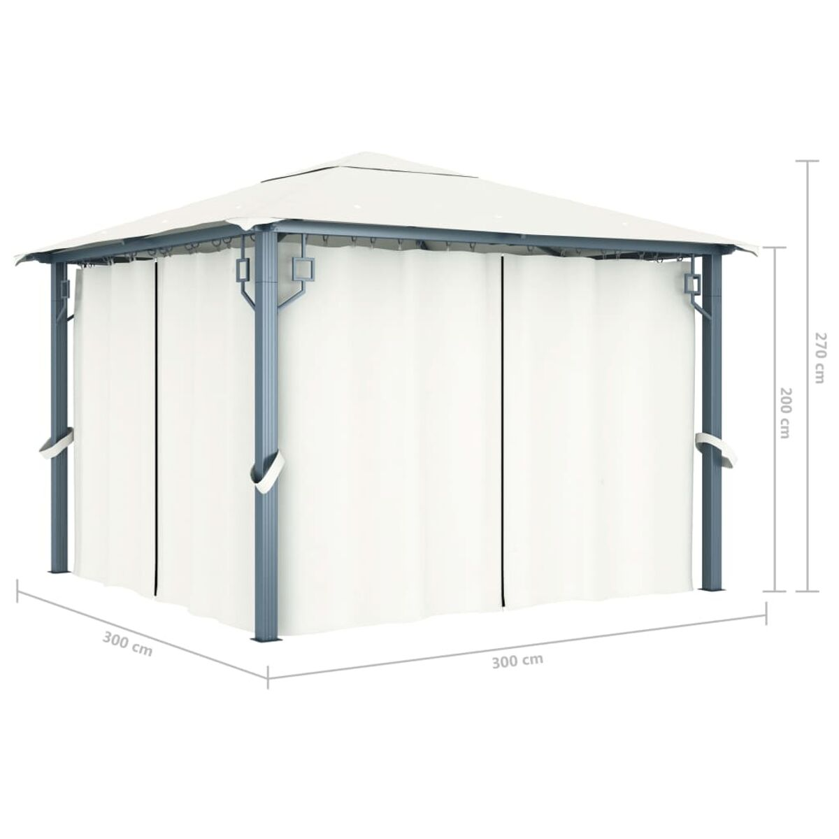 Ein weißer Pavillon mit weißen Vorhängen, von der Seite betrachtet.