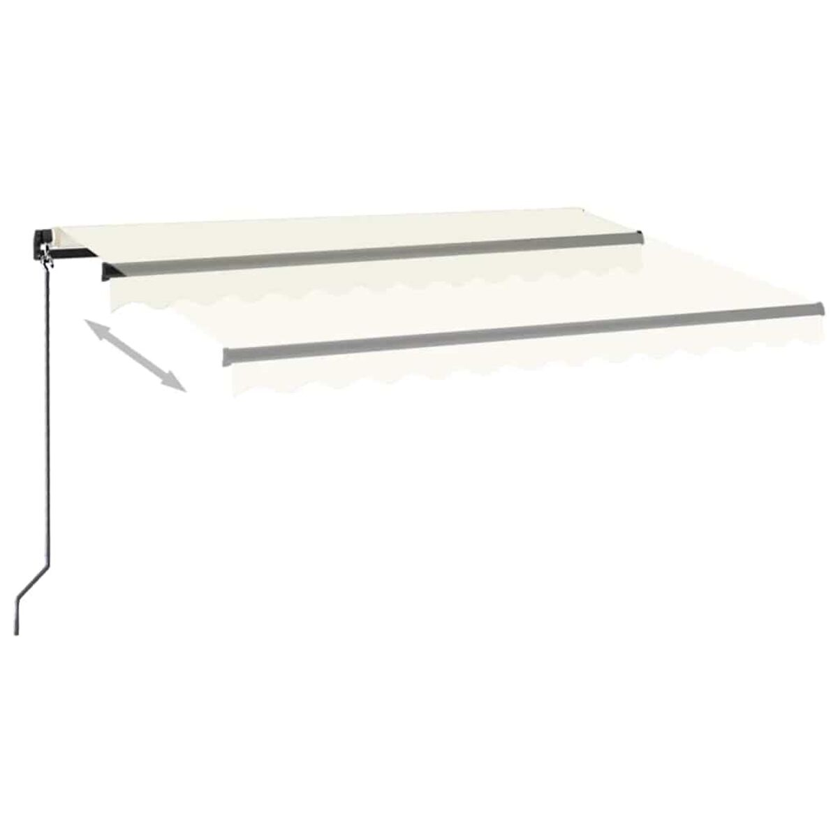 Eine offene, weiße Markise erstreckt sich von der Wand. Sie hat einen wellenförmigen Rand und ein schlichtes Design.