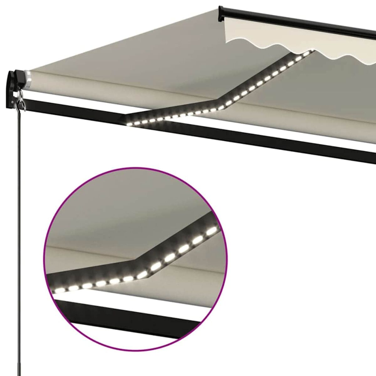 Weiß-cremefarbene Markise mit LED-Leuchten. Nahaufnahme der Lichter unter der Markise.