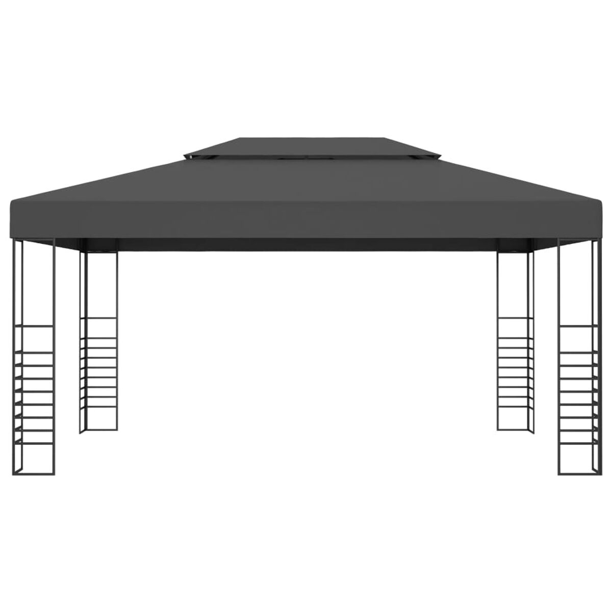 Ein schwarzer Pavillon mit doppellagigem Dach. Es hat eine rechteckige Form mit schwarzen Säulen.