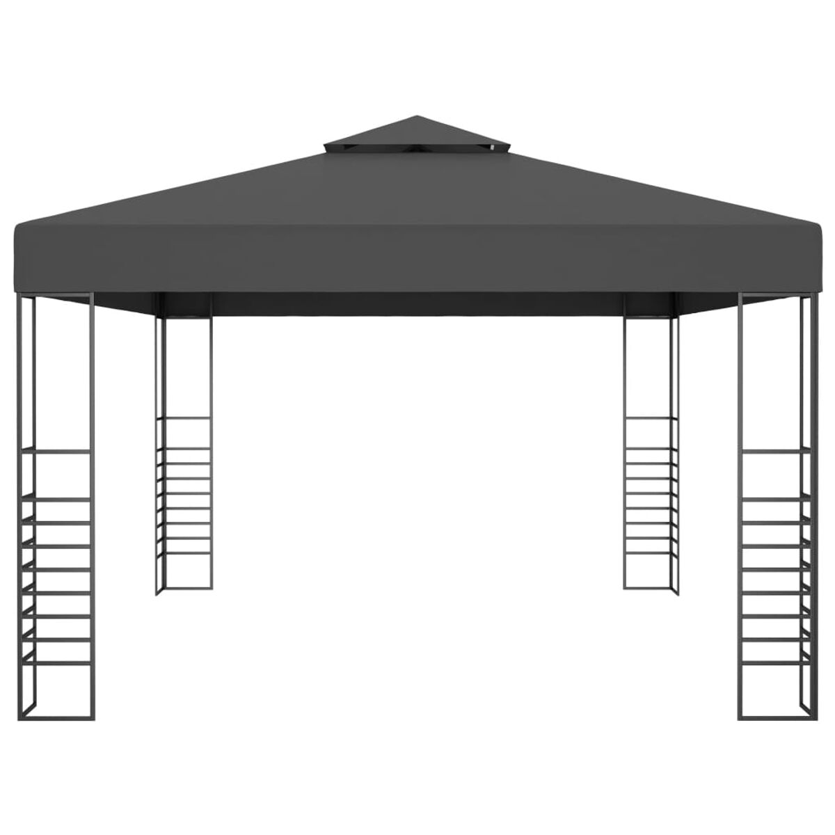 Dunkelgrauer Pavillon mit Spitzdach und Stützpfosten. Rechteckige Form.
