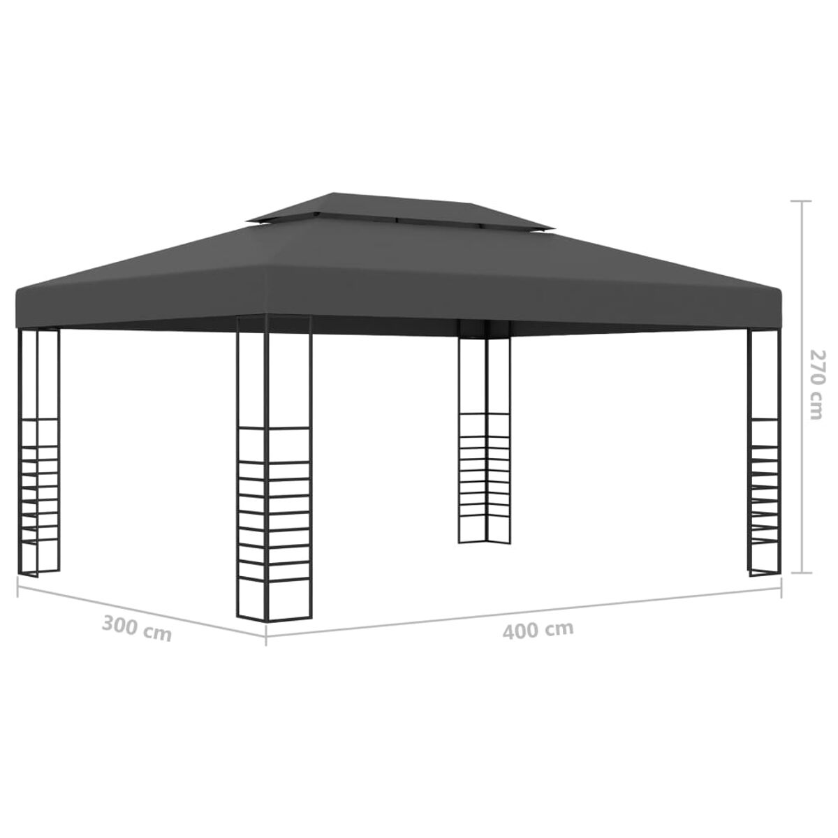 Grauer Pavillon. Quadratisches Dach, getragen von schwarzen Metallpfosten. Maße sichtbar.