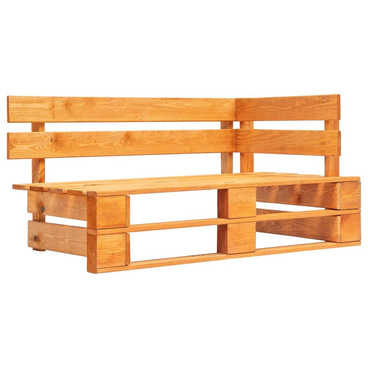 Holzpalettensofa mit Eckdesign. Es ist hellbraun und hat eine einfache Struktur.