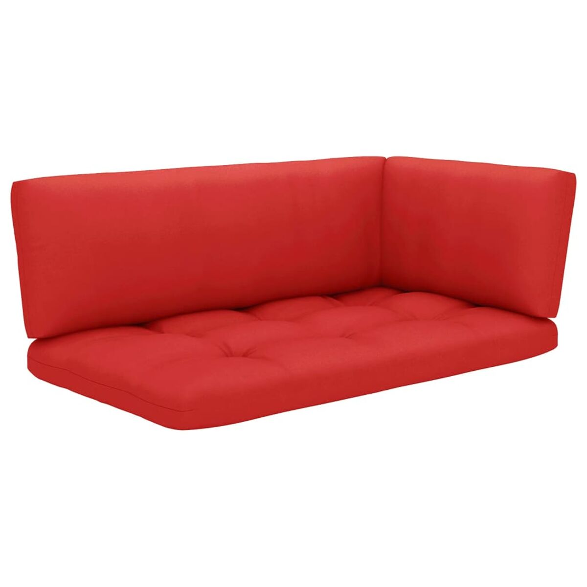 Rotes Ecksofa-Kissen. Zwei Teile bilden ein L. Mit getufteten Details.