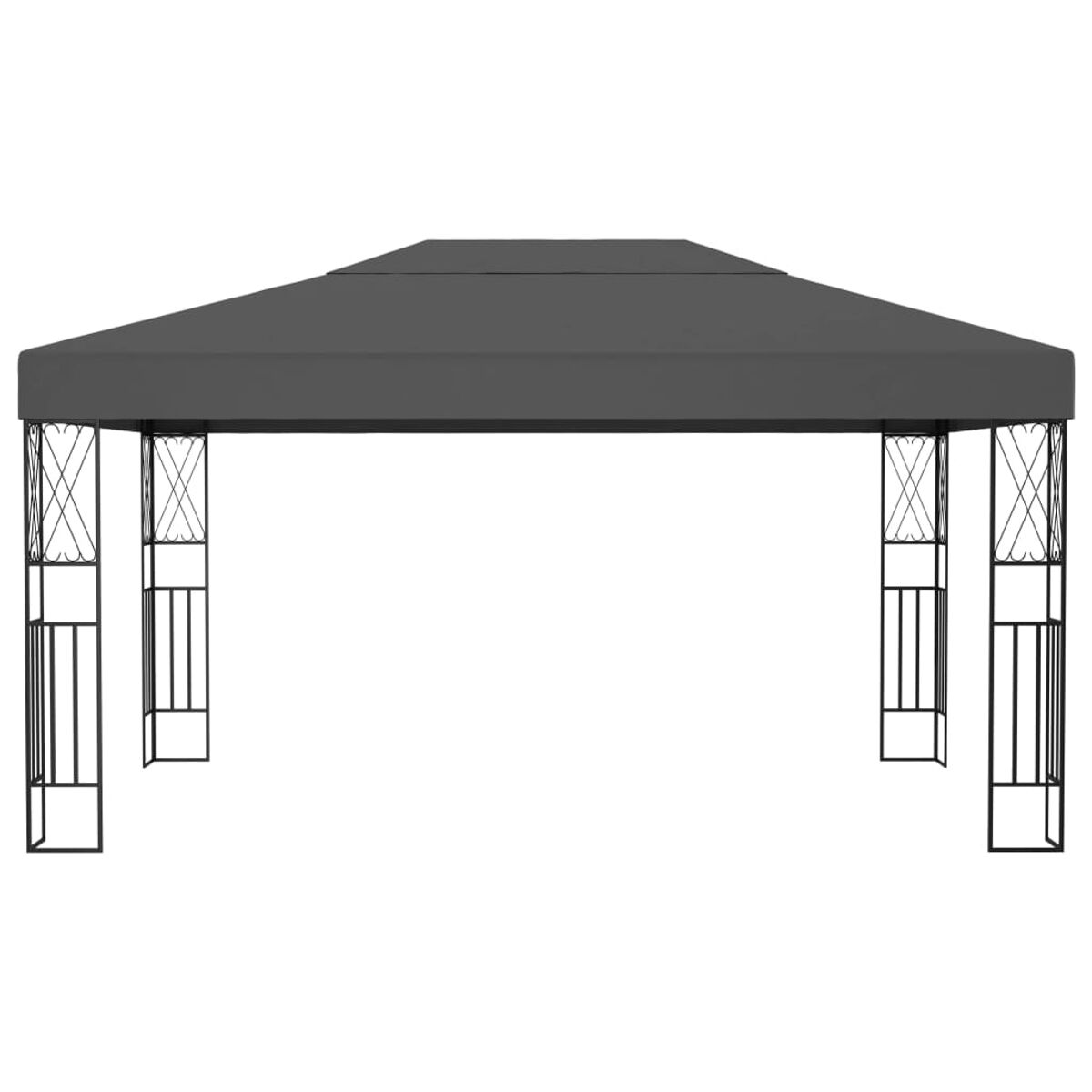 Ein grauer Pavillon mit dunkelgrauem Dach, schwarzem Rahmen und dekorativen Metallseitenwänden, isoliert auf Weiß.