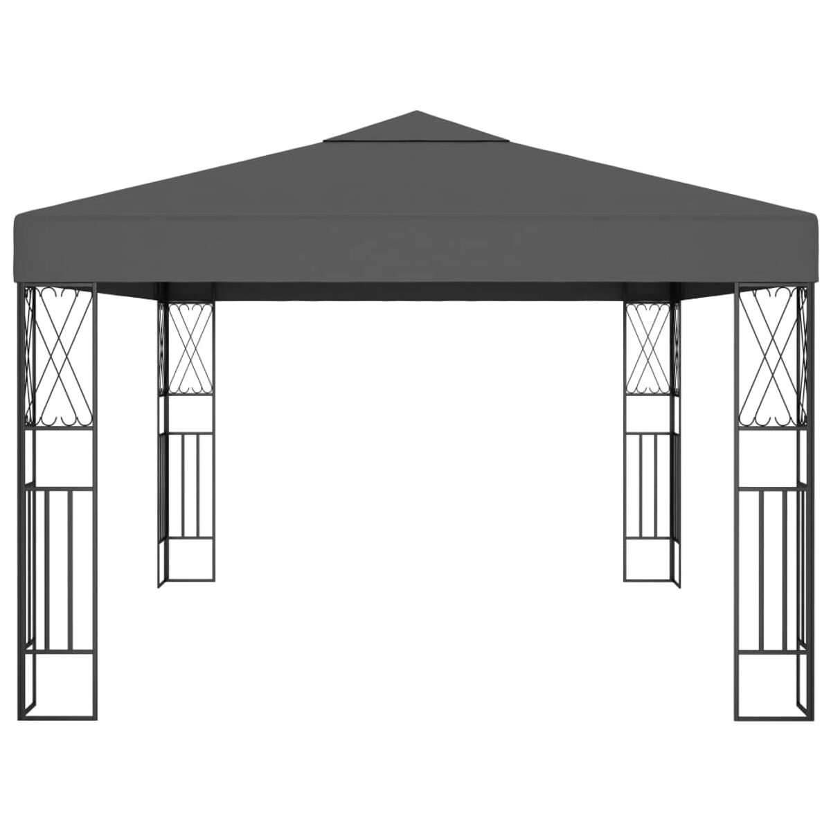 Grauer Pavillon. Quadratisches Dach mit schwarzem Metallrahmen. Zierstäbe an Pfosten.