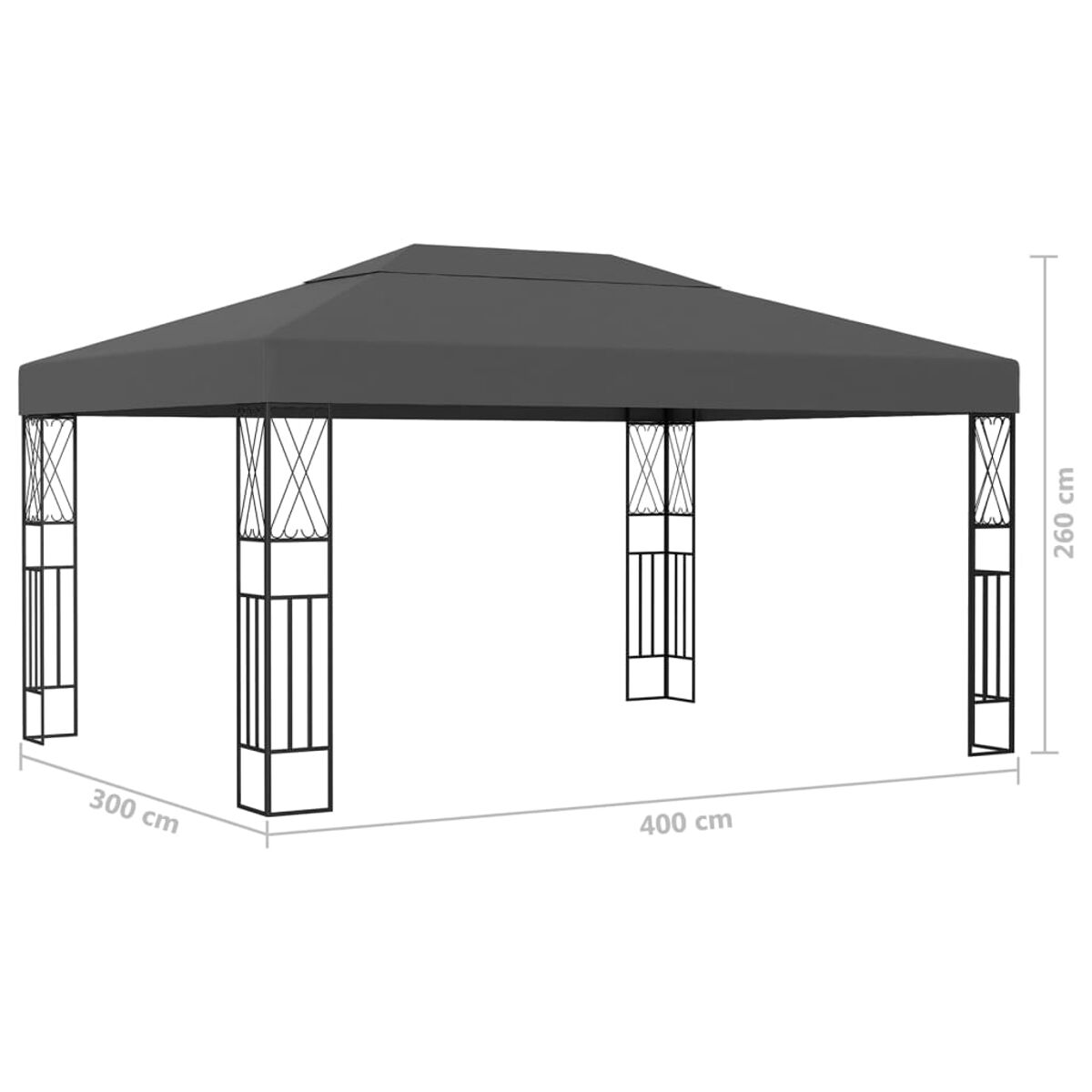 Grauer Pavillon mit Maßen. Schwarzer Rahmen, graues Dach.