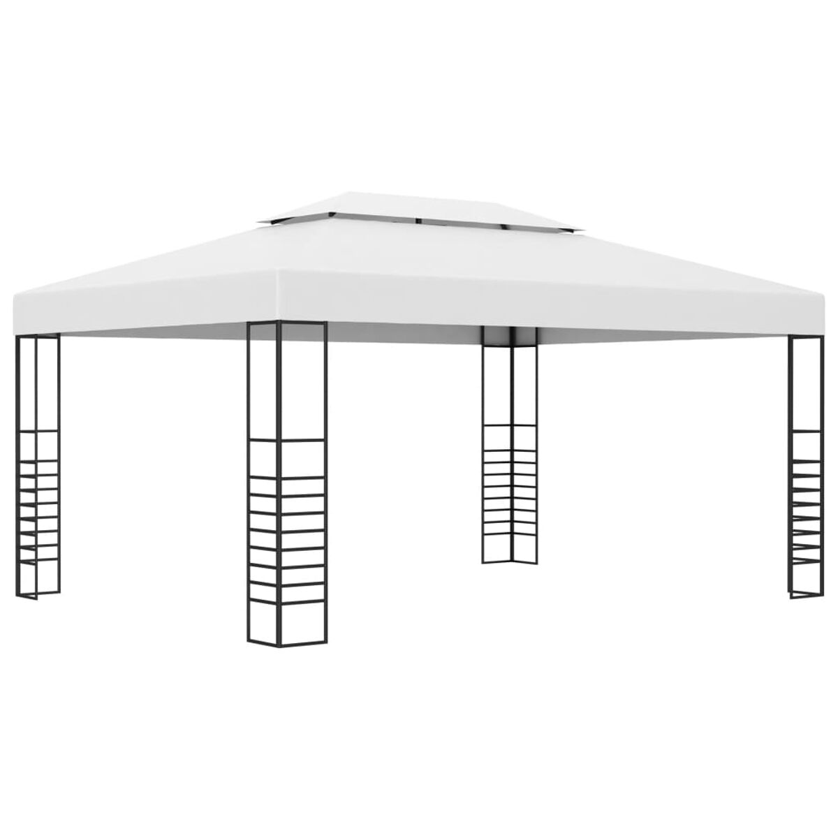 Weißer Pavillon mit schwarzen Stützen und Flachdach.
