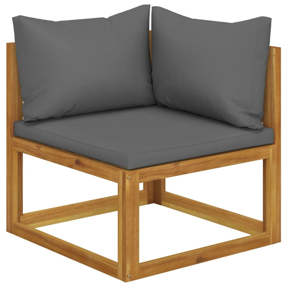Ein quadratischer Eckstuhl aus Holz mit einem grauen Kissen und Kissen.