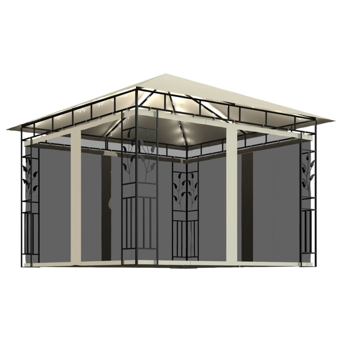 Beiger und schwarzer Outdoor-Pavillon, isoliert auf weißem Hintergrund.