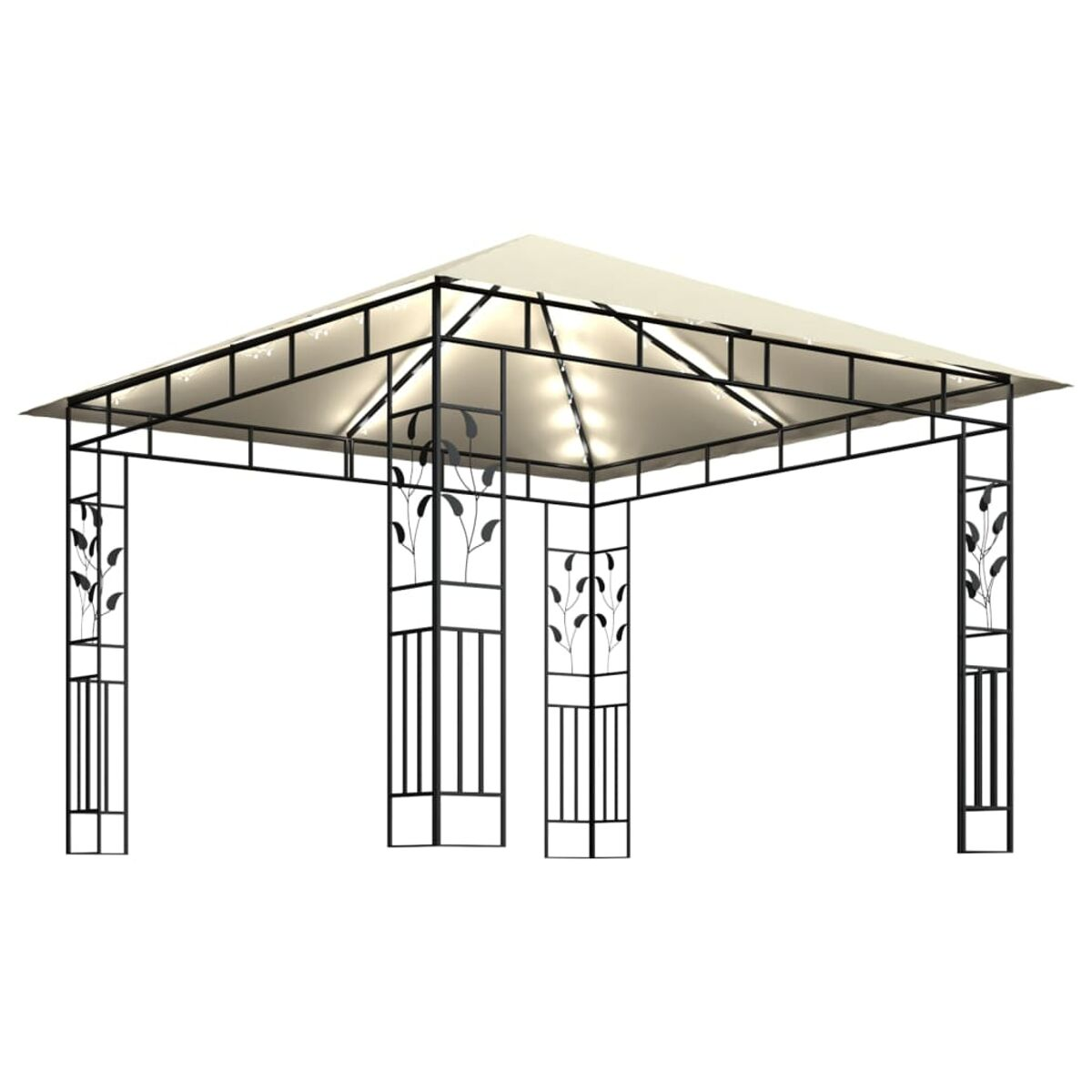 Gartenpavillon mit schwarzem Rahmen und beigem Baldachin.