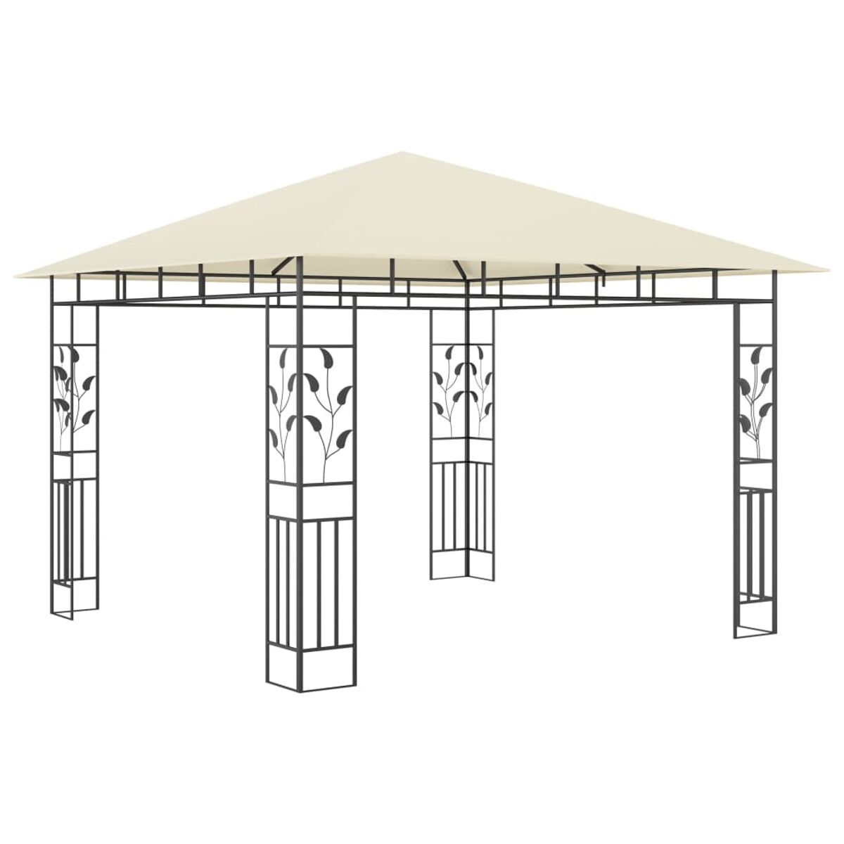 Cremefarbener Pavillon mit schwarzem Rahmen, Blättern auf den Stützen.