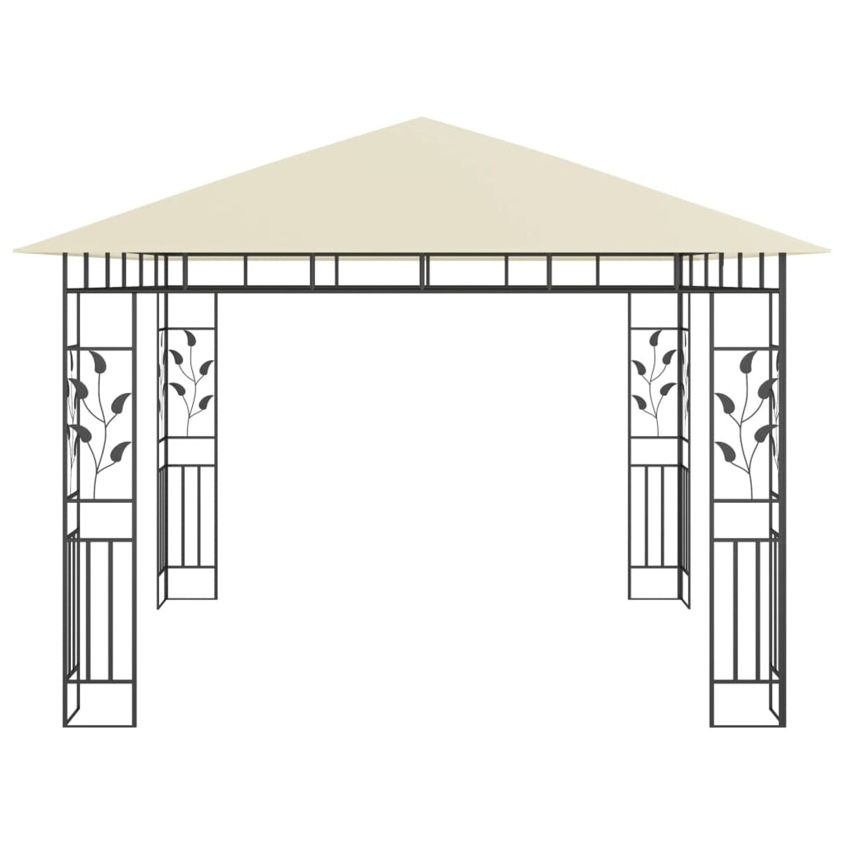 Ein beigefarbener Pavillon mit schwarzen Metallstützen und dekorativen Blättern, auf weißem Grund.