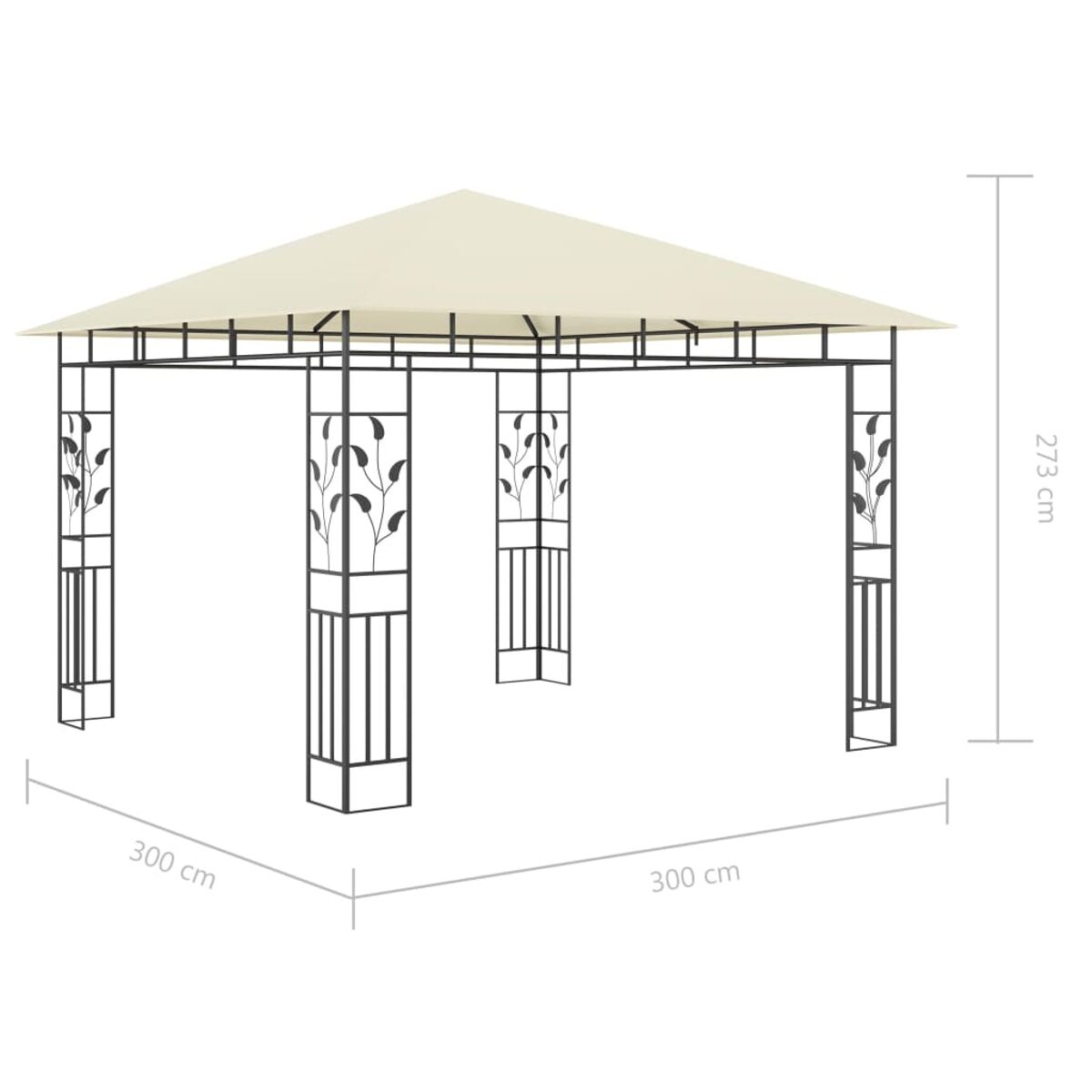 Beiger Pavillon mit schwarzem Metallrahmen, verzierten Säulen und Abmessungen.