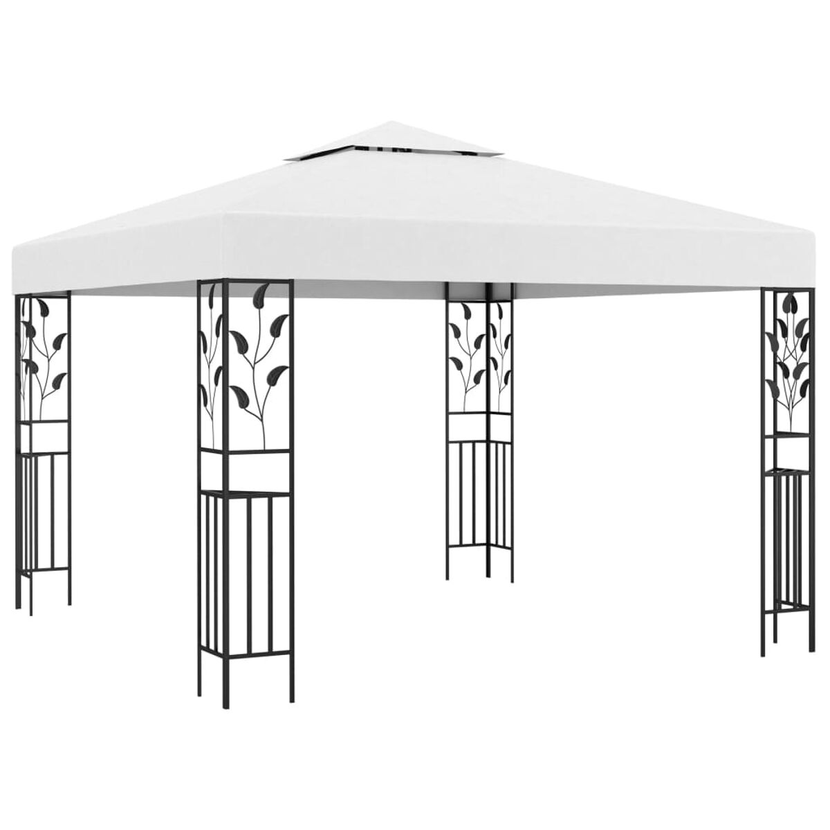 Weißer Pavillon mit schwarzen Ziersäulen und weißem Dach.