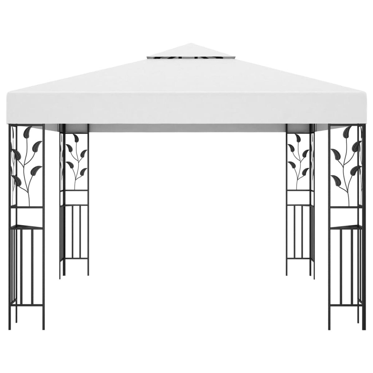 Ein weißer Pavillon mit schwarzem dekorativen Metallarbeiten. Es steht vor einem weißen Hintergrund.