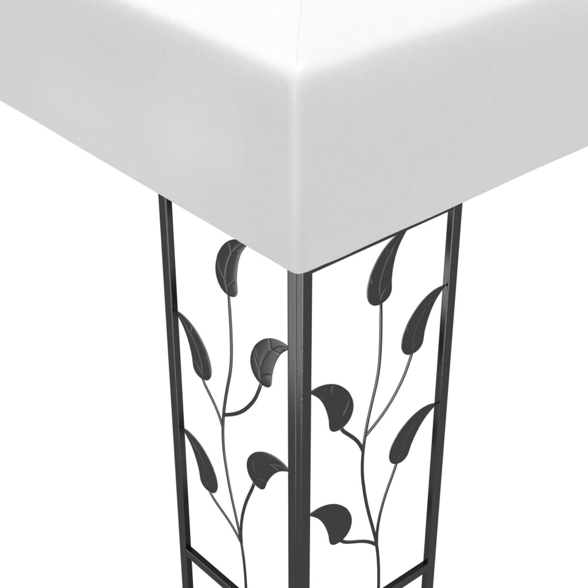 Tischecke mit weißer Platte und dekorativem schwarzen Metallbein, Blattdesign.