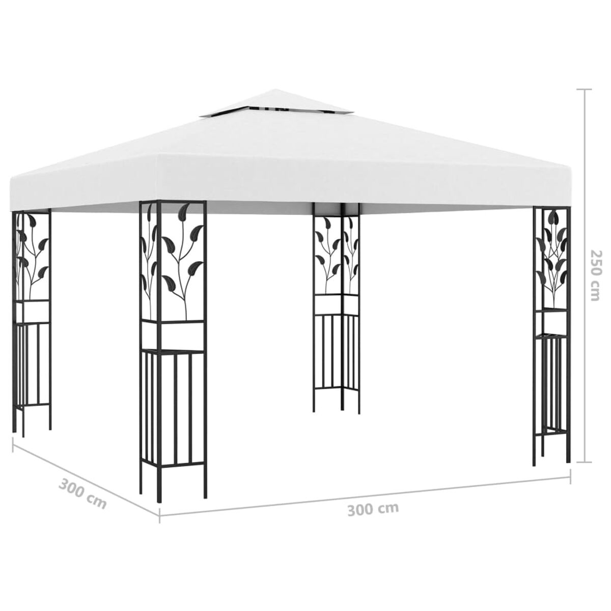 Weißer Pavillon mit schwarzen dekorativen Metallstützen und Maßen.