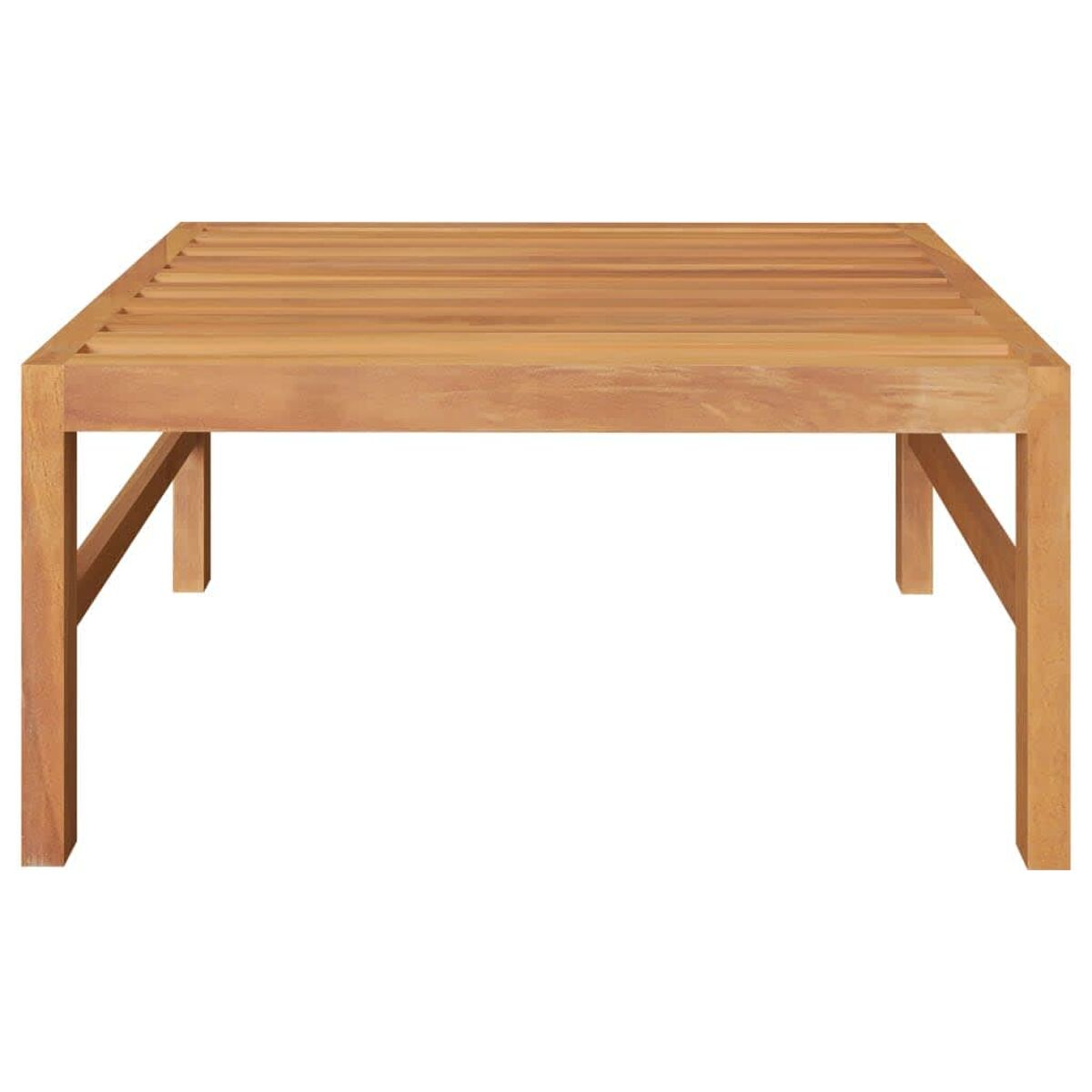 Quadratischer Holztisch mit Lattenrost und einfachen Beinen. Isoliert auf weißem Grund.