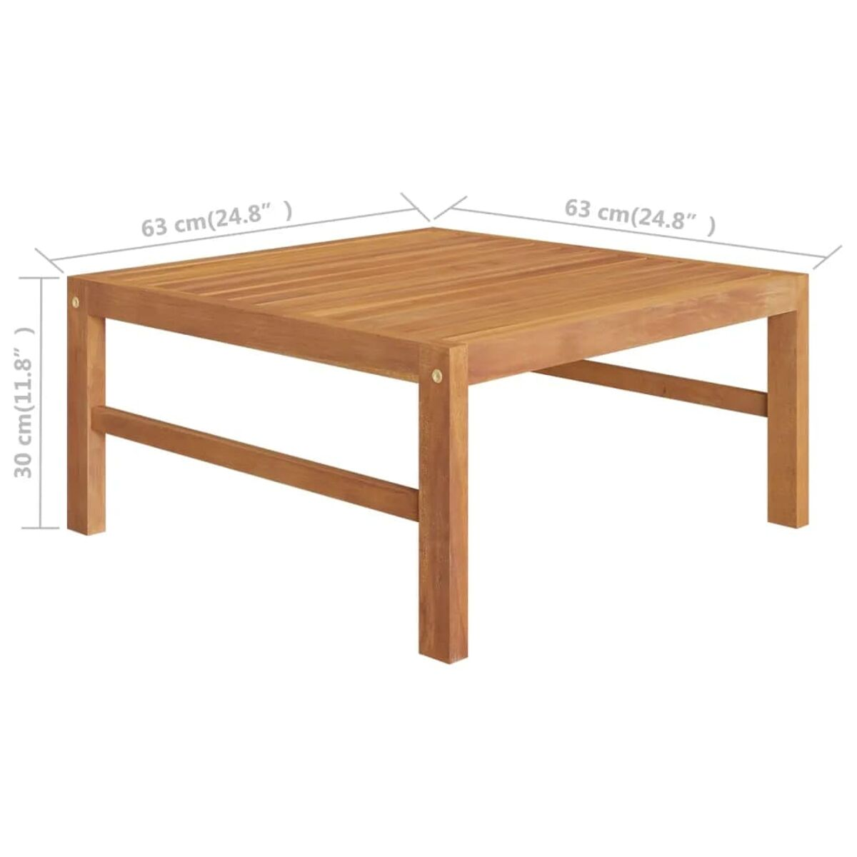 Quadratischer Holztisch mit beschrifteten Abmessungen. Der Tisch ist braun und auf weißem Hintergrund.