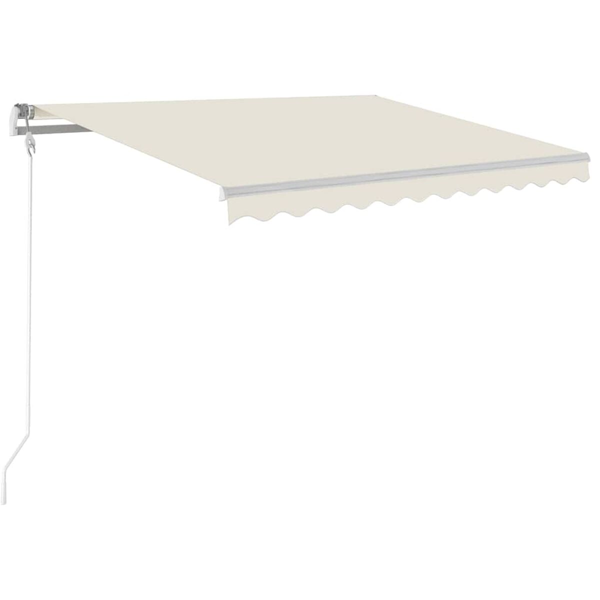 Beige Markise. An der Wand befestigt, mit weißer Schnur. Der Hintergrund ist weiß.