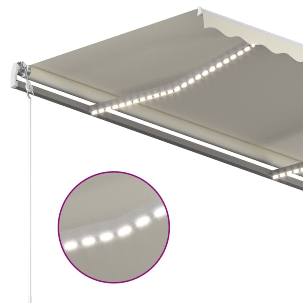 Beige Markise mit LED-Leuchten. Detailansicht der Lichter in einem kreisförmigen Einsatz.