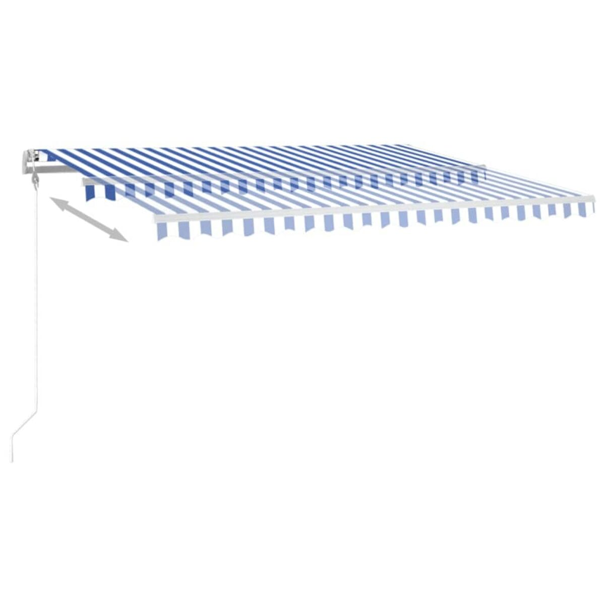 Blau-weiß gestreifte Markise, Seitenansicht, ausgefahren. Ein weißes Kabel erstreckt sich von links.